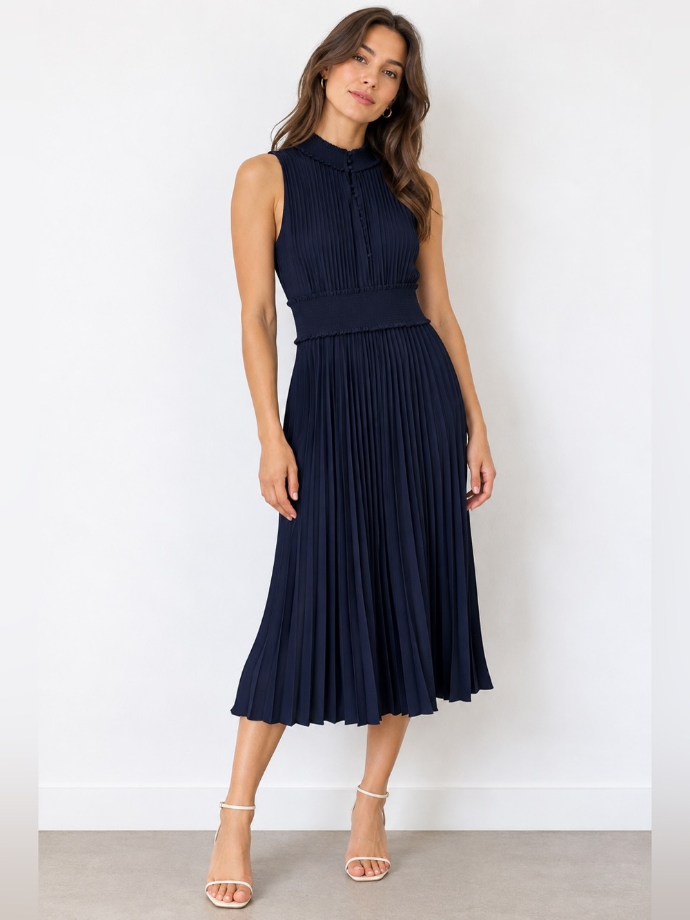 Nanette Lepore Navy Pleated Midi Dress High Neck – Size 6